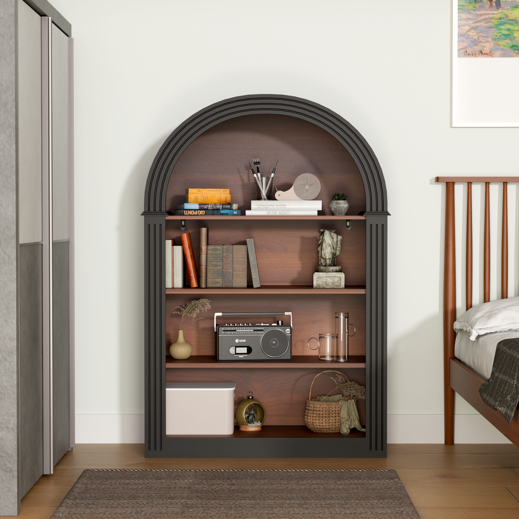 Bookcase, 4-Shelf Tall Bookshelf, 45.66' Wood Open Display Floor Arched Bookcase, Large Storage Organizer for Library, Bedroom, and Living Room (Black) - Grand Goldman Shop