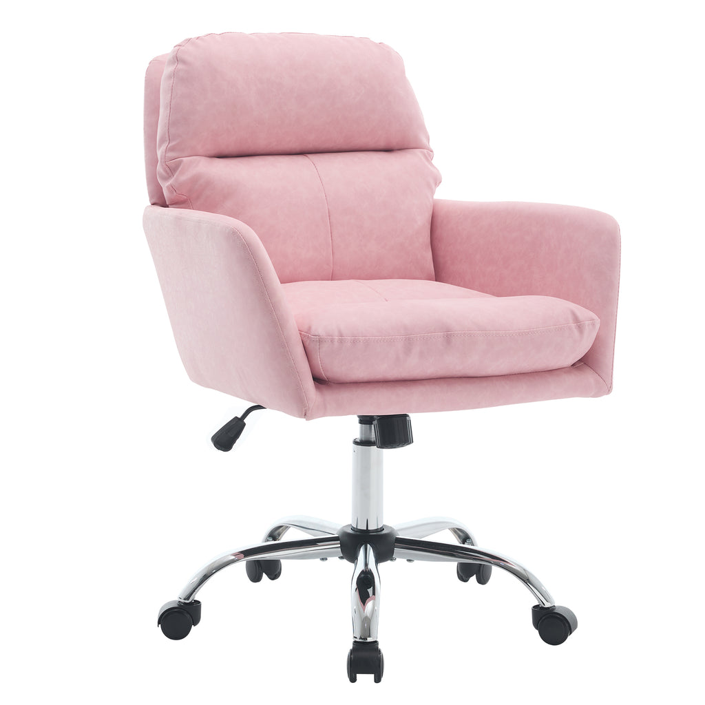 Pink PU Leather Office Chair with Adjustable Height, Black Base, Ergonomic Design for Office, Bedroom, and Dressing Table | P