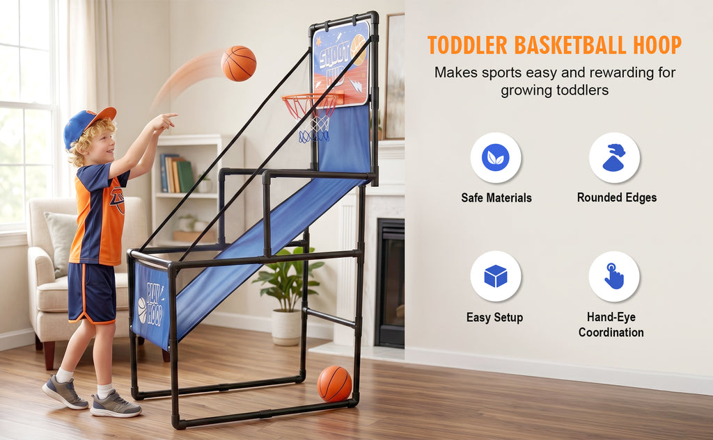 Kids Single Shot Basketball Arcade Game, Indoor Basketball Hoop with 2 Balls & Pump, Foldable Stand for Toddlers & Children -