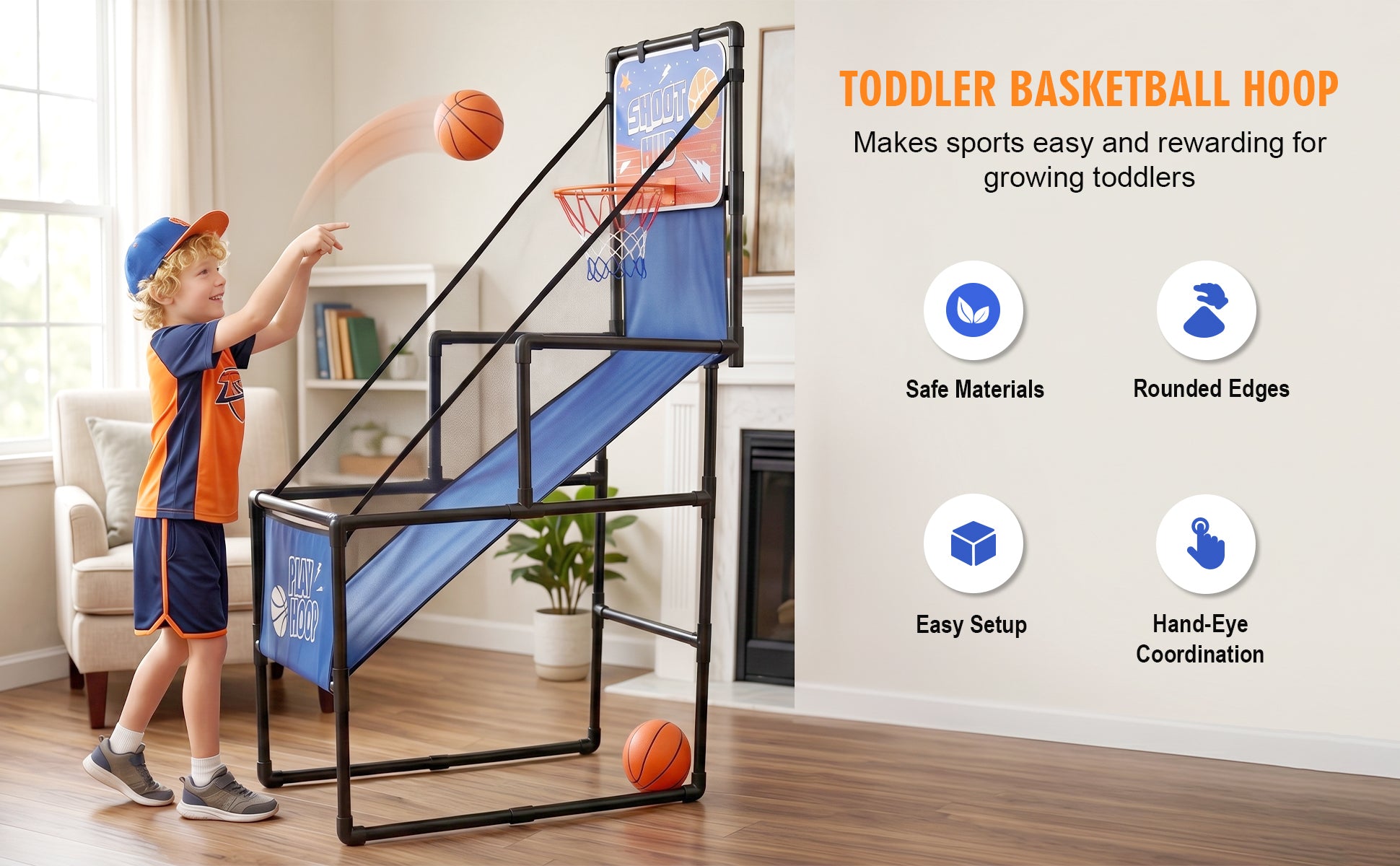 Kids Single Shot Basketball Arcade Game, Indoor Basketball Hoop with 2 Balls & Pump, Foldable Stand for Toddlers & Children -