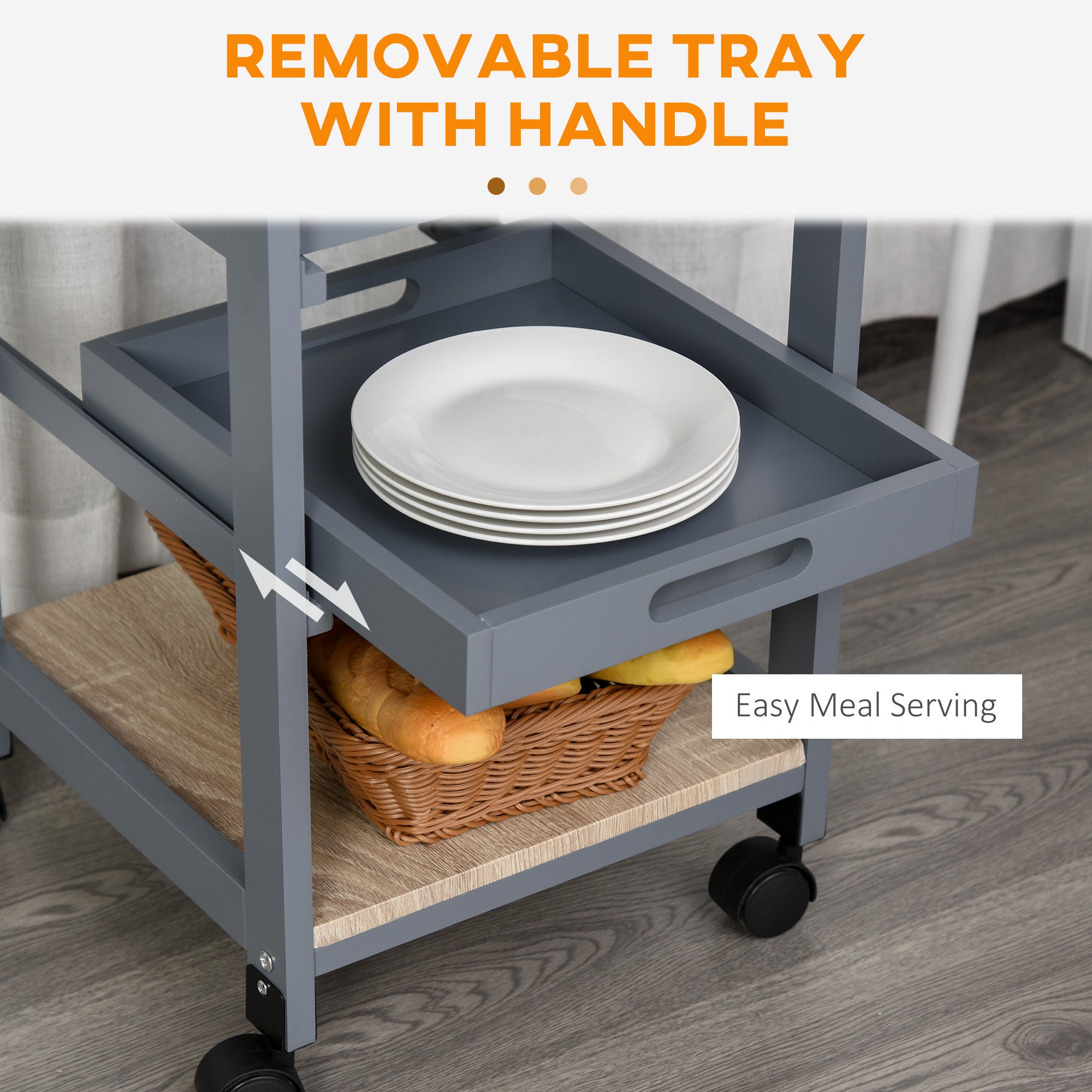 Mobile Rolling Kitchen Island Trolley Serving Cart with Underneath Drawer & Slide-Out Wire Storage Basket, Grey - Grand Goldman Shop