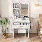 White Vanity Table with Mirror, Adjustable LED Lights, Power Outlet, Hairdryer Holder & Stool – Compact Dressing Desk for Small Bedrooms - Grand Goldman Shop
