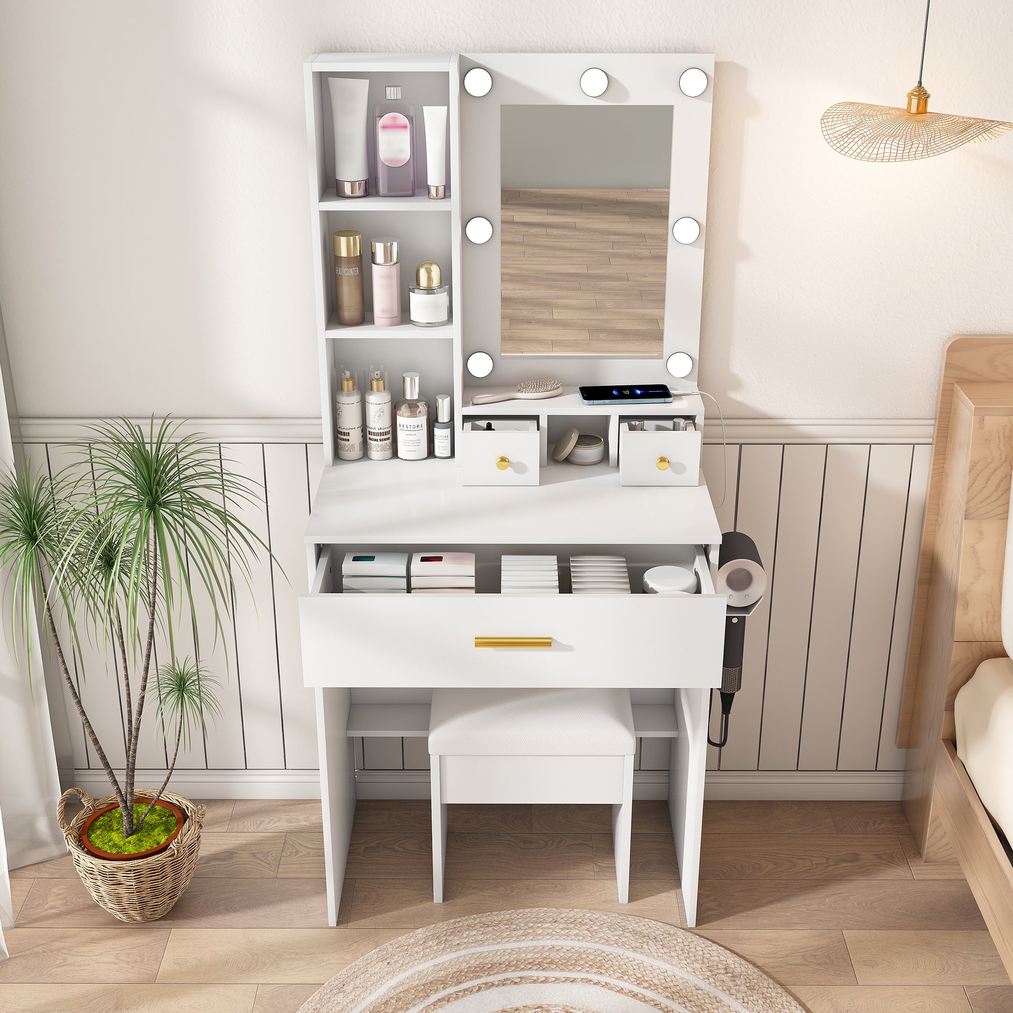 White Vanity Table with Mirror, Adjustable LED Lights, Power Outlet, Hairdryer Holder & Stool – Compact Dressing Desk for Small Bedrooms - Grand Goldman Shop