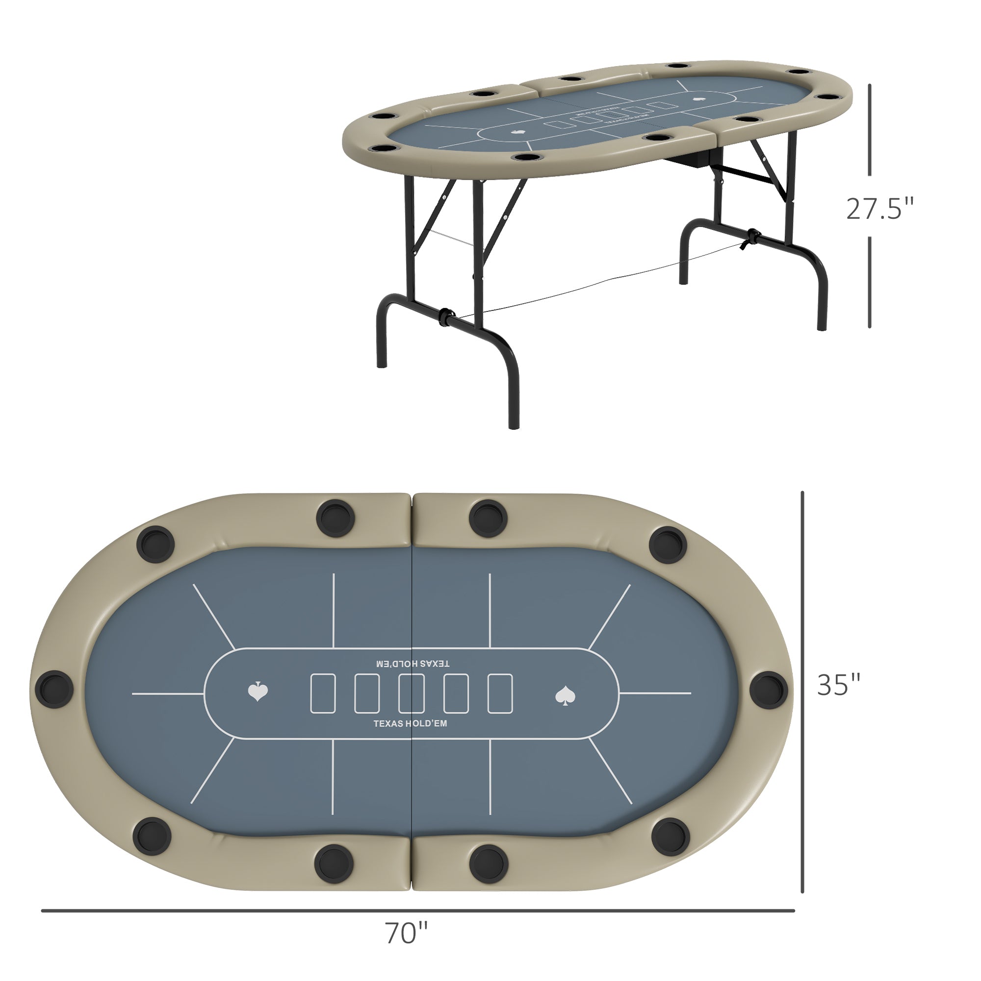 Soozier Poker Table Foldable, 70' Oval Blackjack Casino Texas Holdem Poker Game Table for 10 Players with Cup Holders, Blue a
