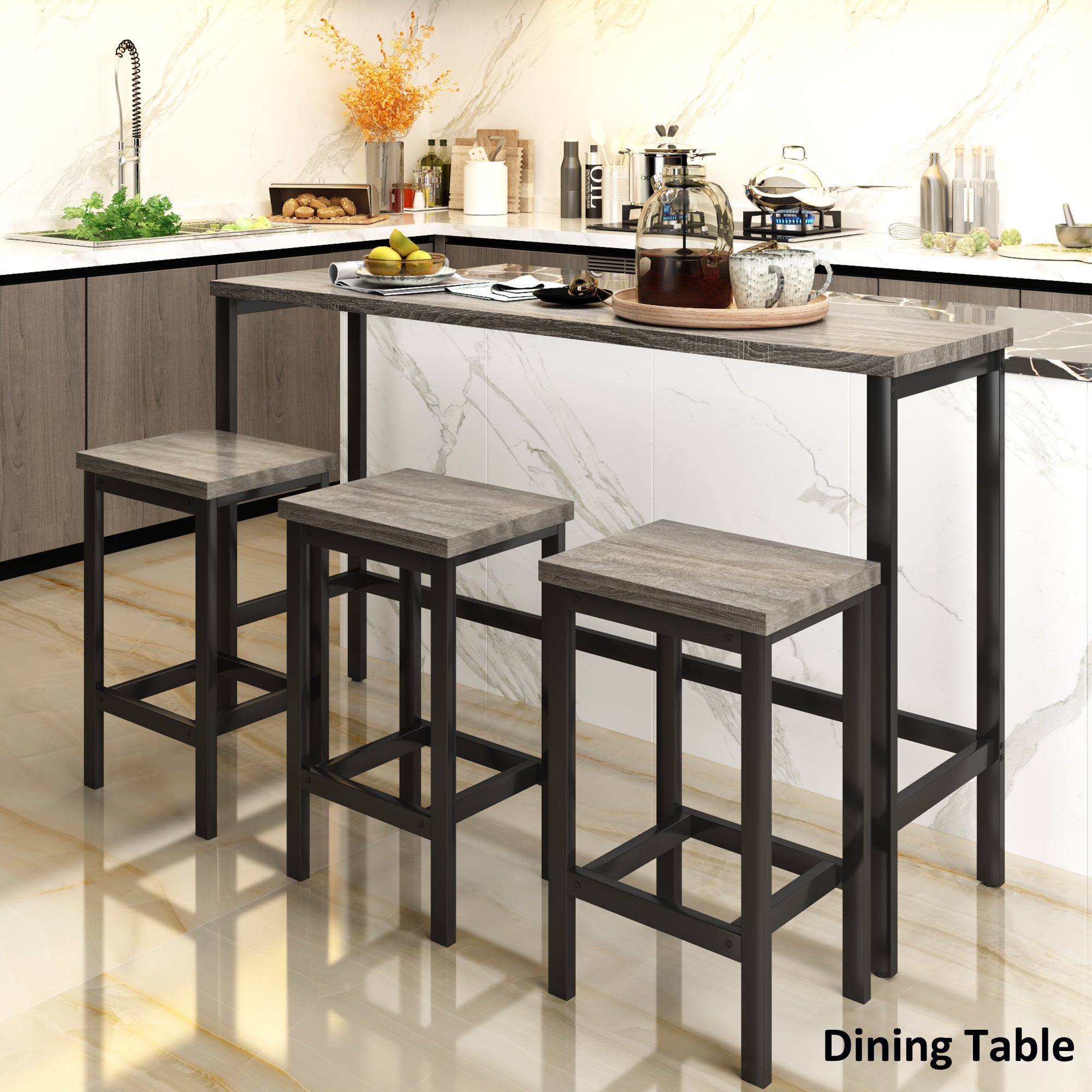 TOPMAX Counter Height Extra Long Dining Table Set with 3 Stools Pub Kitchen Set Side Table with Footrest, Gray - Grand Goldman Shop