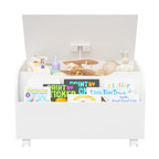 White Wooden Toy Box with 4 Universal Wheels, Kids Playroom Storage Organizer with Front Bookshelf, Flip-Top Lid, Safety Hing