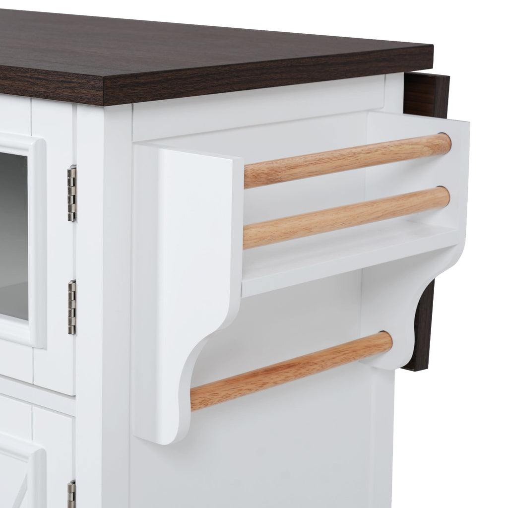 K&K 54.9' Kitchen Island with Drop Leaf, Power Outlet, Kitchen Storage Cart with 4 Door Shelves, Cross Barn Doors & Visual Glass Door, Rolling Kitchen Island on 4 Wheels for Kitchen, Dining Room,White - Grand Goldman Shop