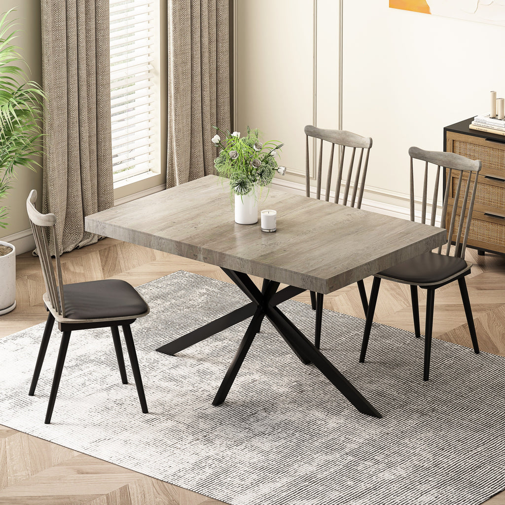 Retro Rectangular Stretch Dining Table in Grey Carole Top with Black Embossed Center Plate and Black Fine Sand Cross Iron Base, Storage Box Included, 55.11''-70.86'' Expandable - Grand Goldman Shop
