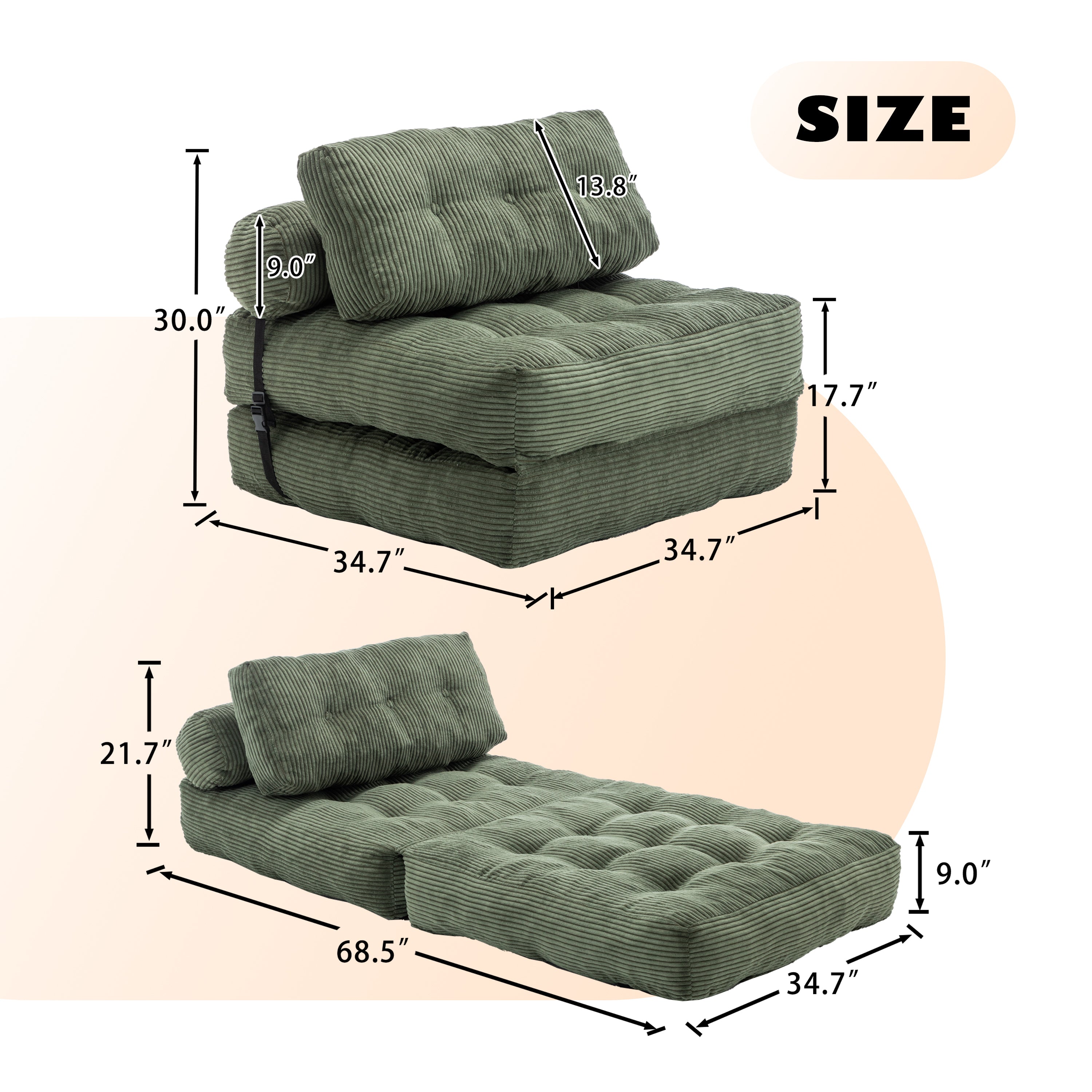 Folding Sofa Bed, Convertible Sleeper Chair with Pillow Foldable Mattress with Back Support, Portable Fold Out Chair Bed Comfy Floor Sofa Lounge for Living Room Bedroom, Green, Single - Grand Goldman Shop