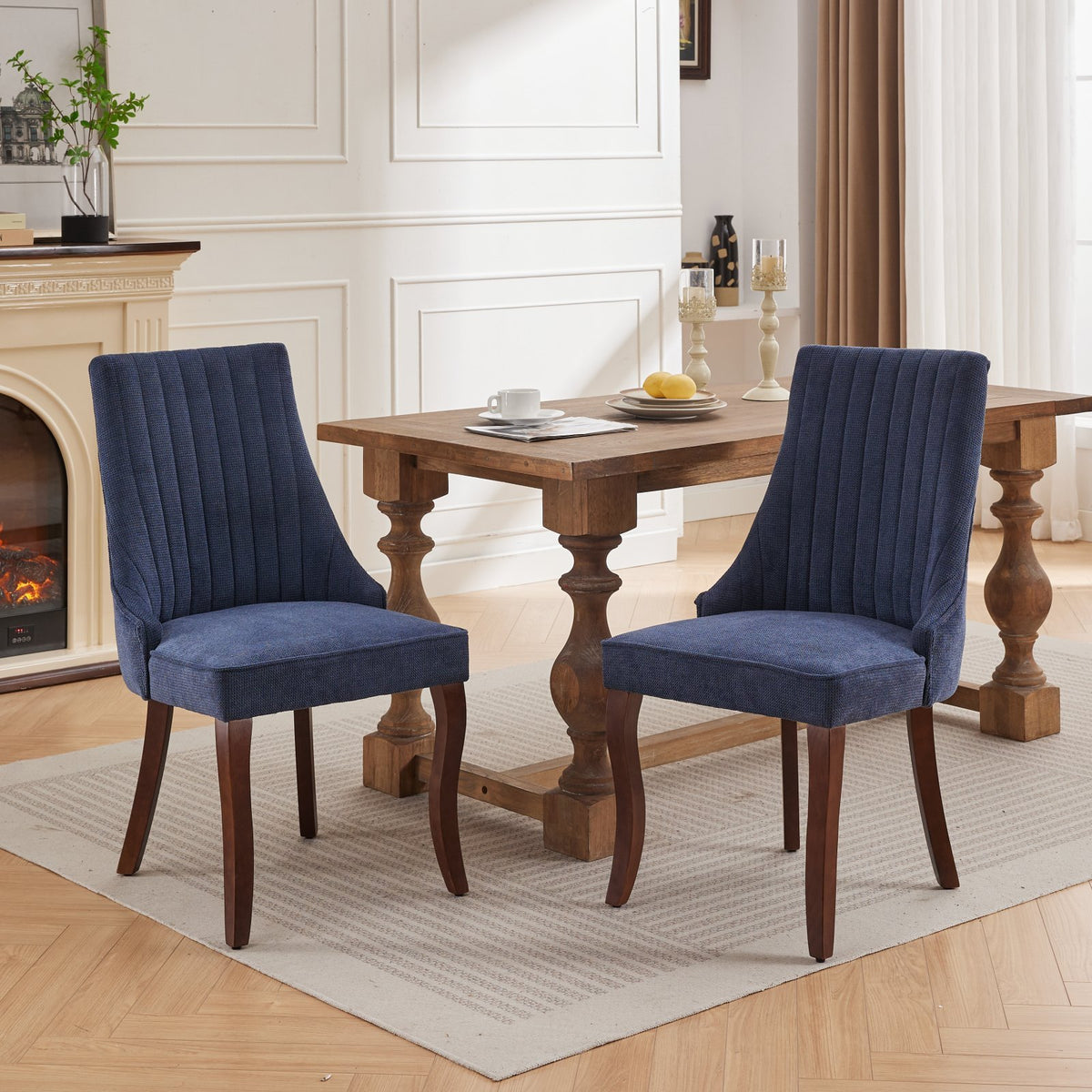 Rayon Cloth Flocking Linen Dining Chairs Channel Kitchen Dinner Chair Comfy Fabric Upholstered Accent Chair for Dining Room with Curved Solid Wood Legs,Set of 2 (Blue), SW1847BL - Grand Goldman Shop