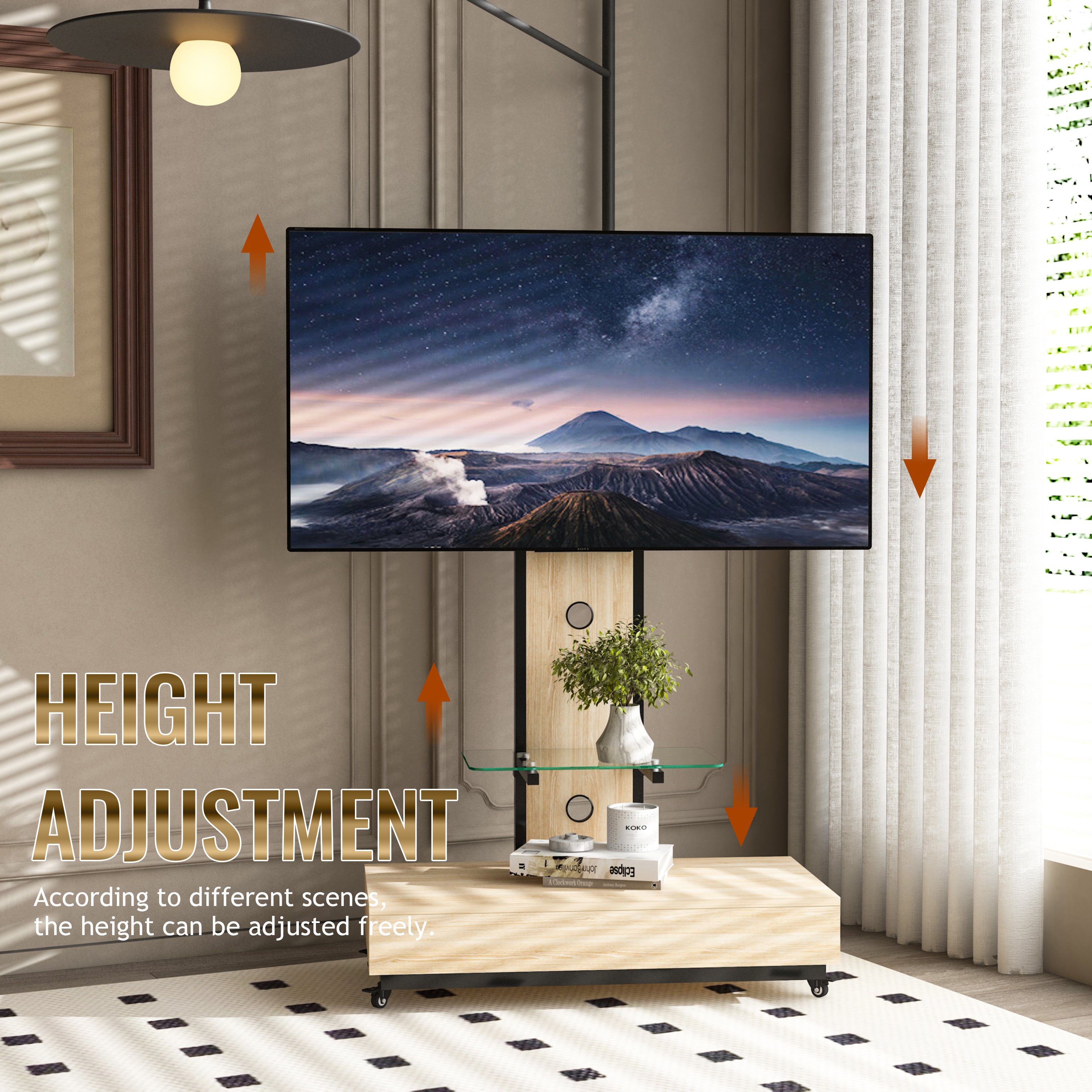 Mobile TV Cart with Push-Pull Drawer for 32-75 Inch TVs, Natural Wood & Glass Stand with Lockable Wheels - Grand Goldman Shop