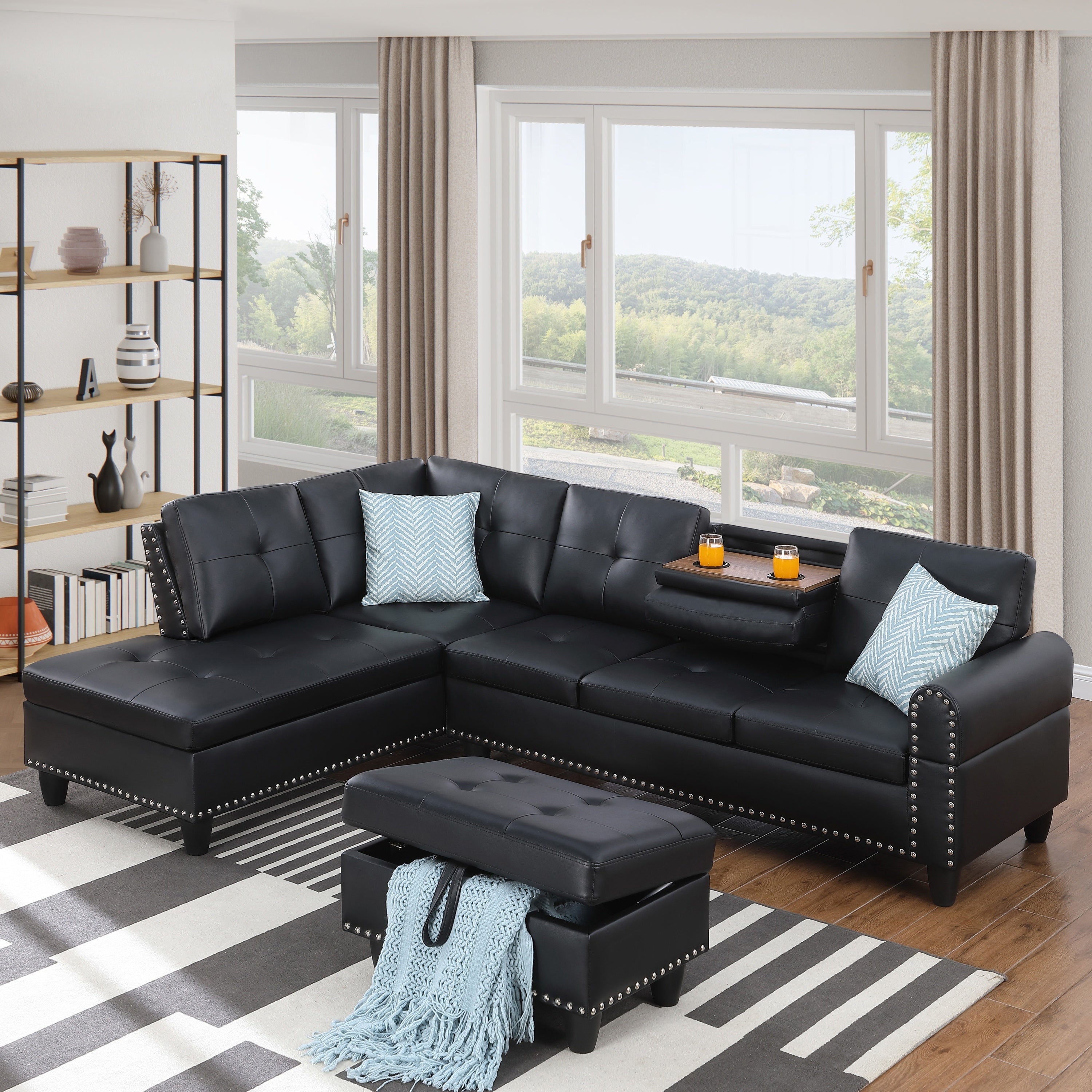 Irine Traditional Faux Leather Sectional Sofa with Ottoman and Storage in Black - Grand Goldman Shop