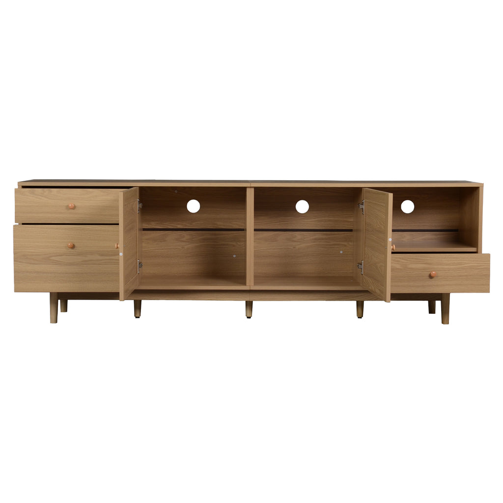 Boho TV Stand for 65 75 85 Inch TV with Real Rattan Doors, Modern Wood Media Console in Natural Finish, 76.6'' L x 15.7'' W x 23.6'' H - Grand Goldman Shop