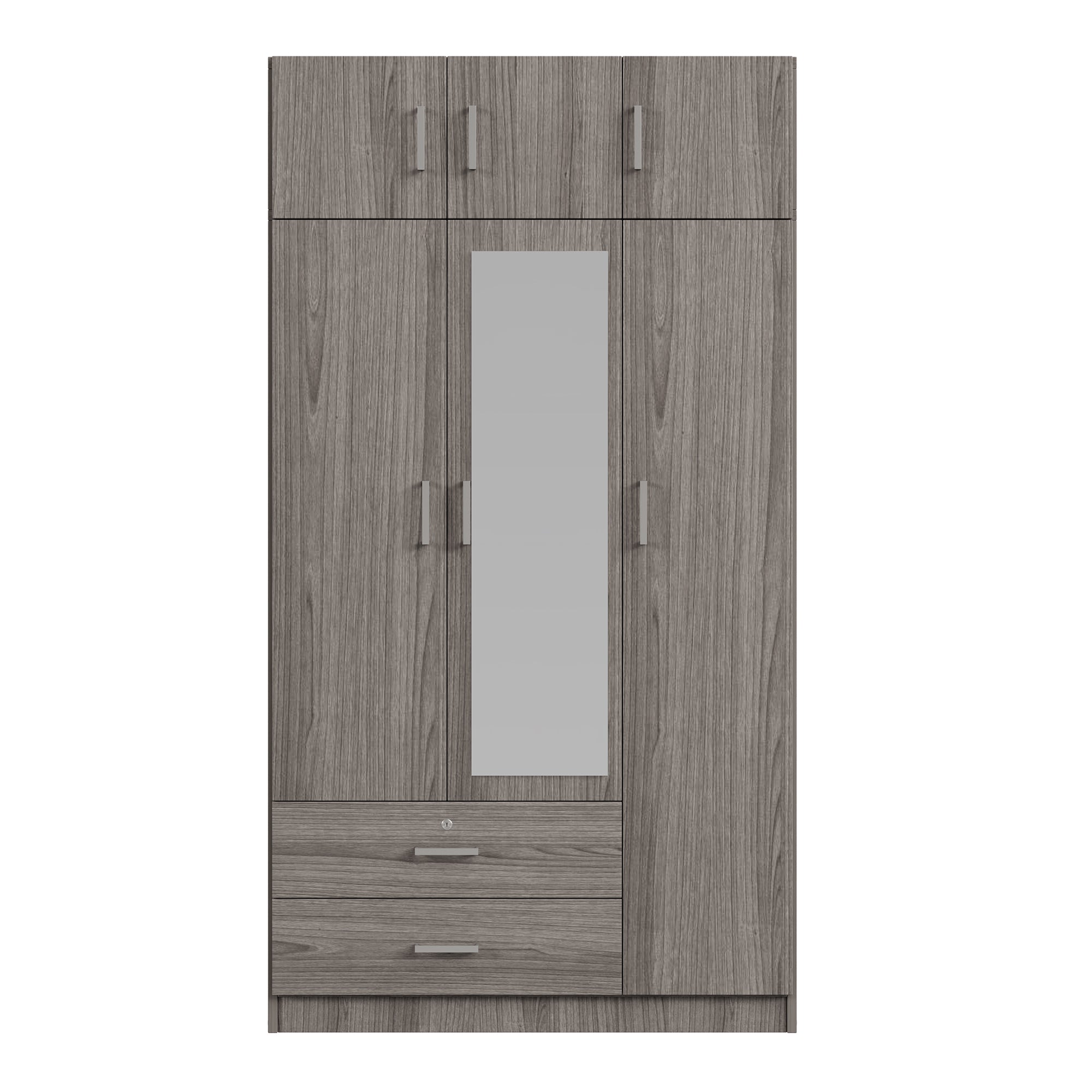 Modern Gray 3-Door Mirror Wardrobe with 2 Drawers and Top Cabinet, Particle Board - Grand Goldman Shop