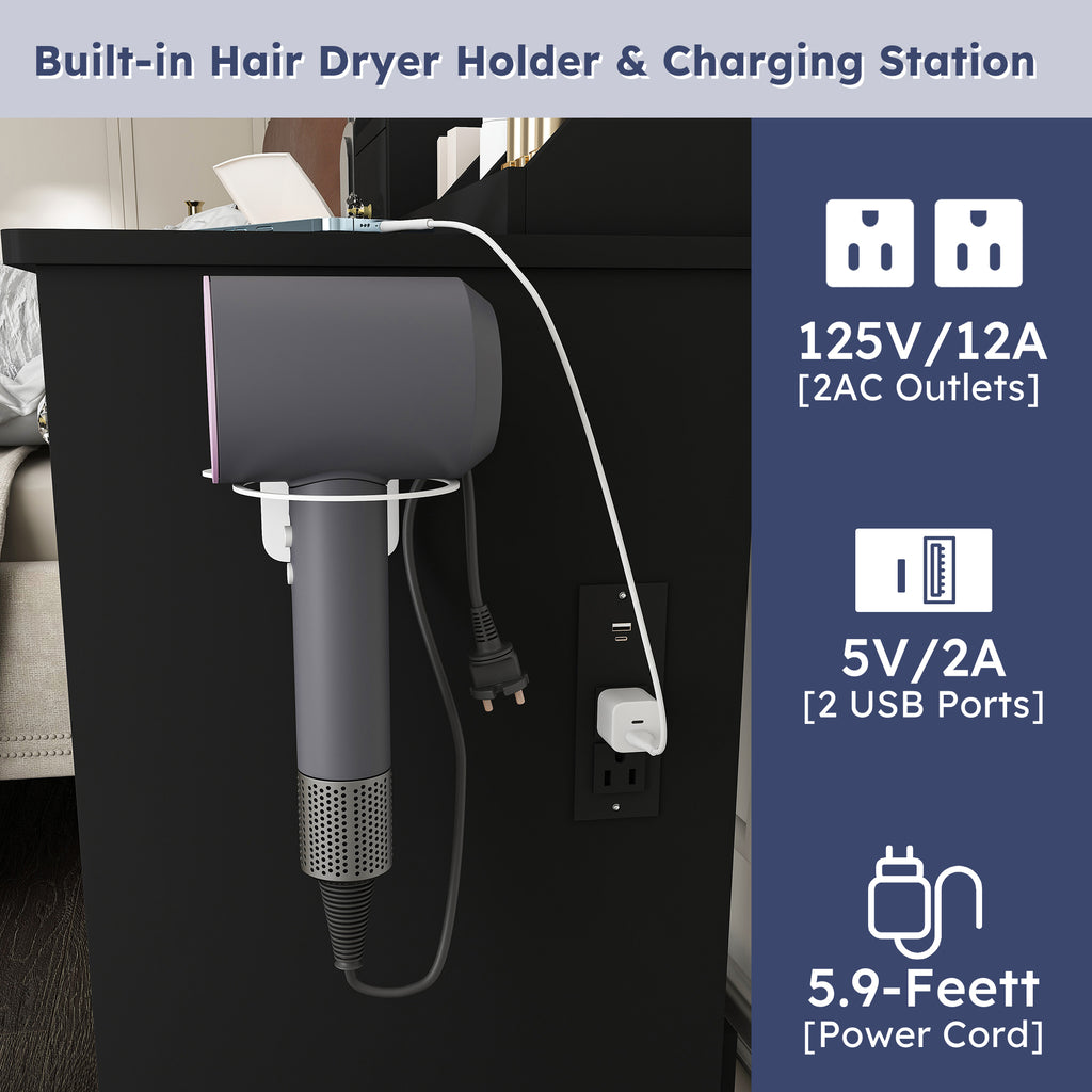 Modern Small Vanity Desk with 3 LED Lighting Modes, 3 Drawers, Open Shelves, Hair Dryer Holder, Power Socket, and Dressing Chair in Black MDF - Grand Goldman Shop