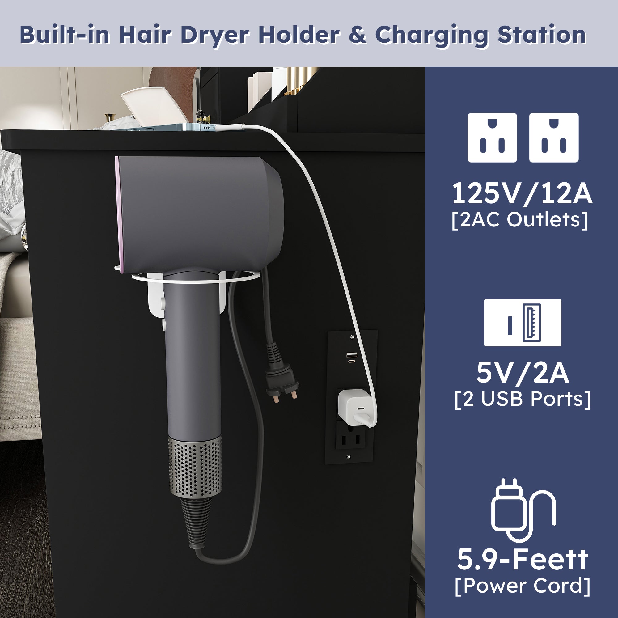 Modern Small Vanity Desk with 3 LED Lighting Modes, 3 Drawers, Open Shelves, Hair Dryer Holder, Power Socket, and Dressing Chair in Black MDF - Grand Goldman Shop