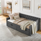 Twin Size Daybed with Drawers Upholstered Tufted Sofa Bed in Dark Grey Linen, Button Back and Copper Nail Trimmed Waved Arms, 81.5''x41''x30.5'' - Grand Goldman Shop