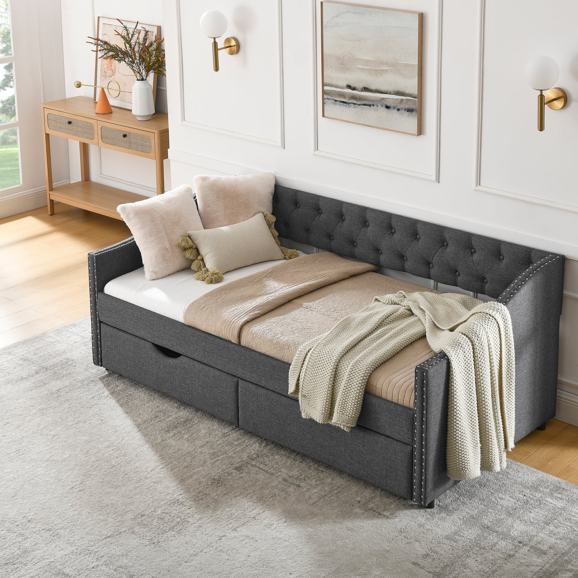 Twin Size Daybed with Drawers Upholstered Tufted Sofa Bed in Dark Grey Linen, Button Back and Copper Nail Trimmed Waved Arms, 81.5''x41''x30.5'' - Grand Goldman Shop