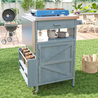 K&K 40.5' Outdoor Grill Cart with Stainless Steel Top, Solid Wood Outdoor Storage Cabinet with Drop Leaf, One Drawer, Towel Rack, Rolling Kitchen Cart with Lockable Wheels for Lawn Garden, Blue Grey - Grand Goldman Shop