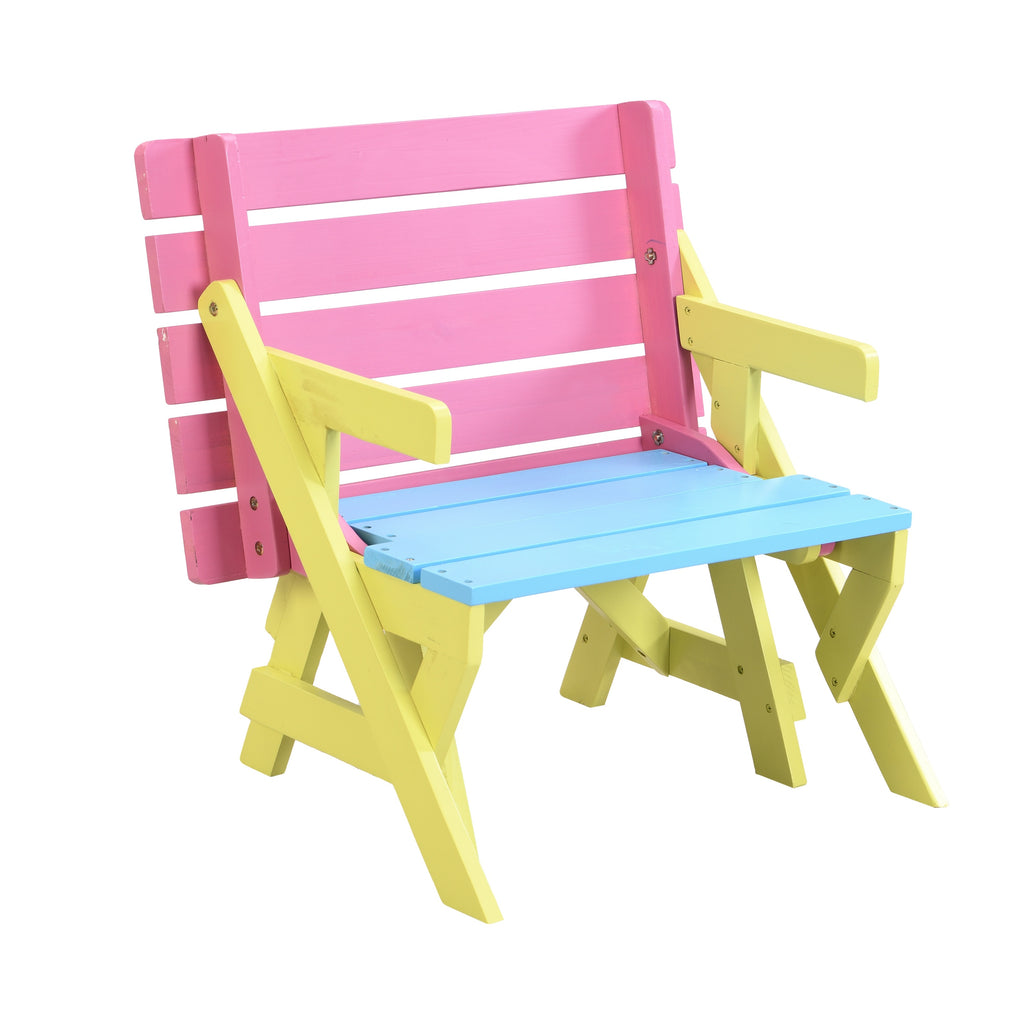Kids Multi-Functional Arm Chair, Table + 2 Benches All-in-One Set, Blue + Pink, Wood, 40.60 x 20.10 x 18.70 inches - Grand Go