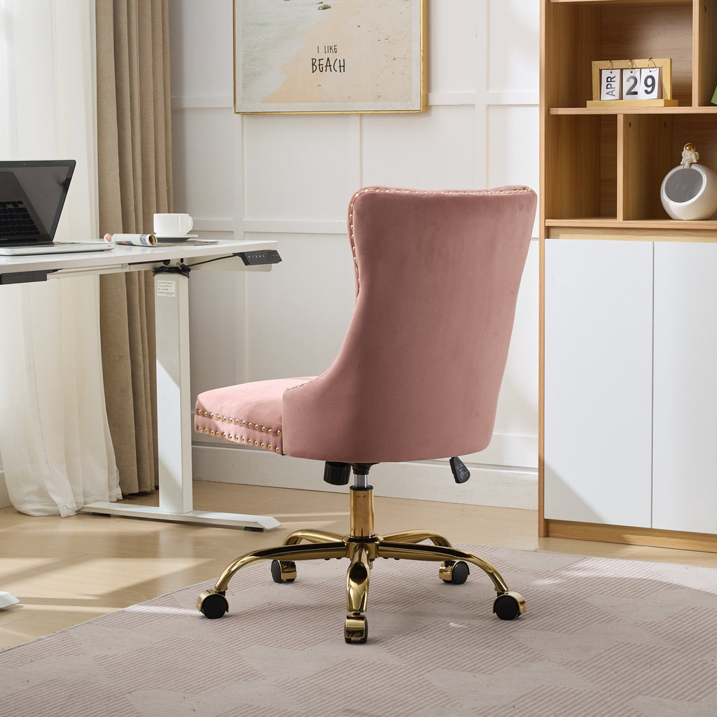 A&A Furniture Office Chair,Modern Velvet Upholstered Tufted Button Home Office Chair with Golden Metal Base,Adjustable Desk C