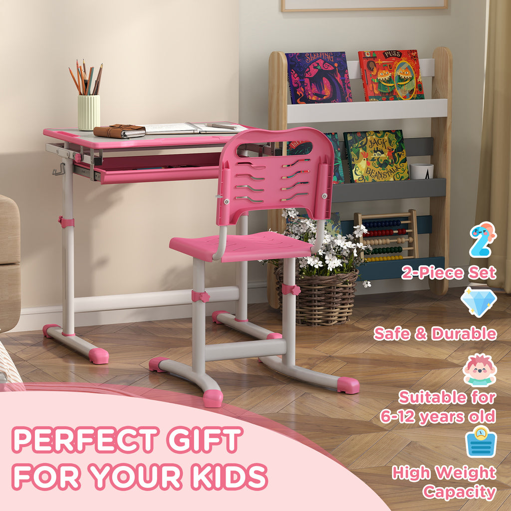 Qaba Kids Desk and Chairs Set, Height Adjustable Children School Study Desk with Tilt Desktop, Storage Drawer, Pen Slot, Hook