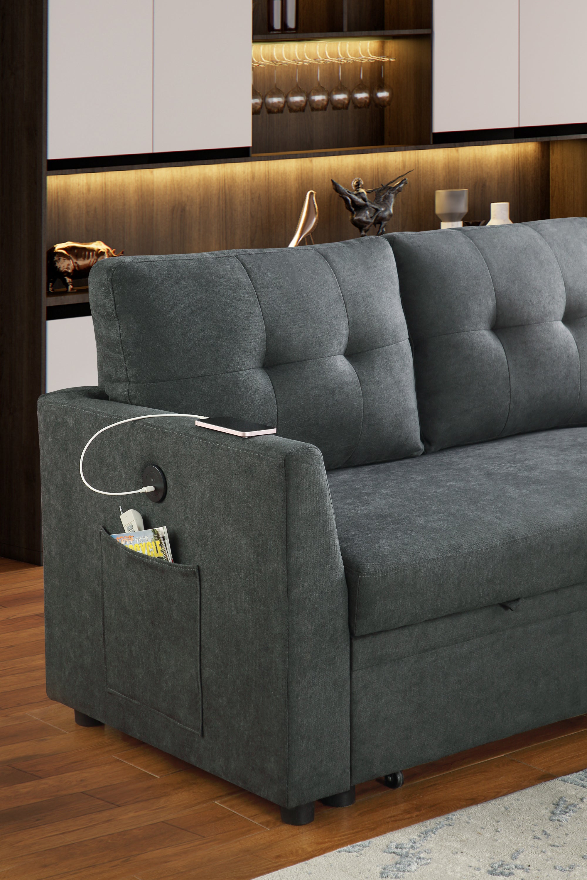 Sectional Sofa Bed L-Shaped Sofa Couch Bed with USB Port, Reversible Sofa Couch Sleeper with Pull Out Bed, Chaise with Storage, Pull Out Couch for Living Room - Grand Goldman Shop
