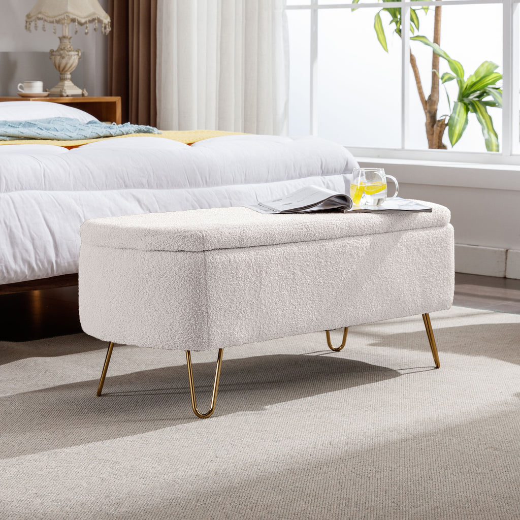 Ivory White Storage Ottoman Bench for End of Bed Gold Legs, Modern Ivory White Faux Fur Entryway Bench Upholstered Padded with Storage for Living Room Bedroom - Grand Goldman Shop