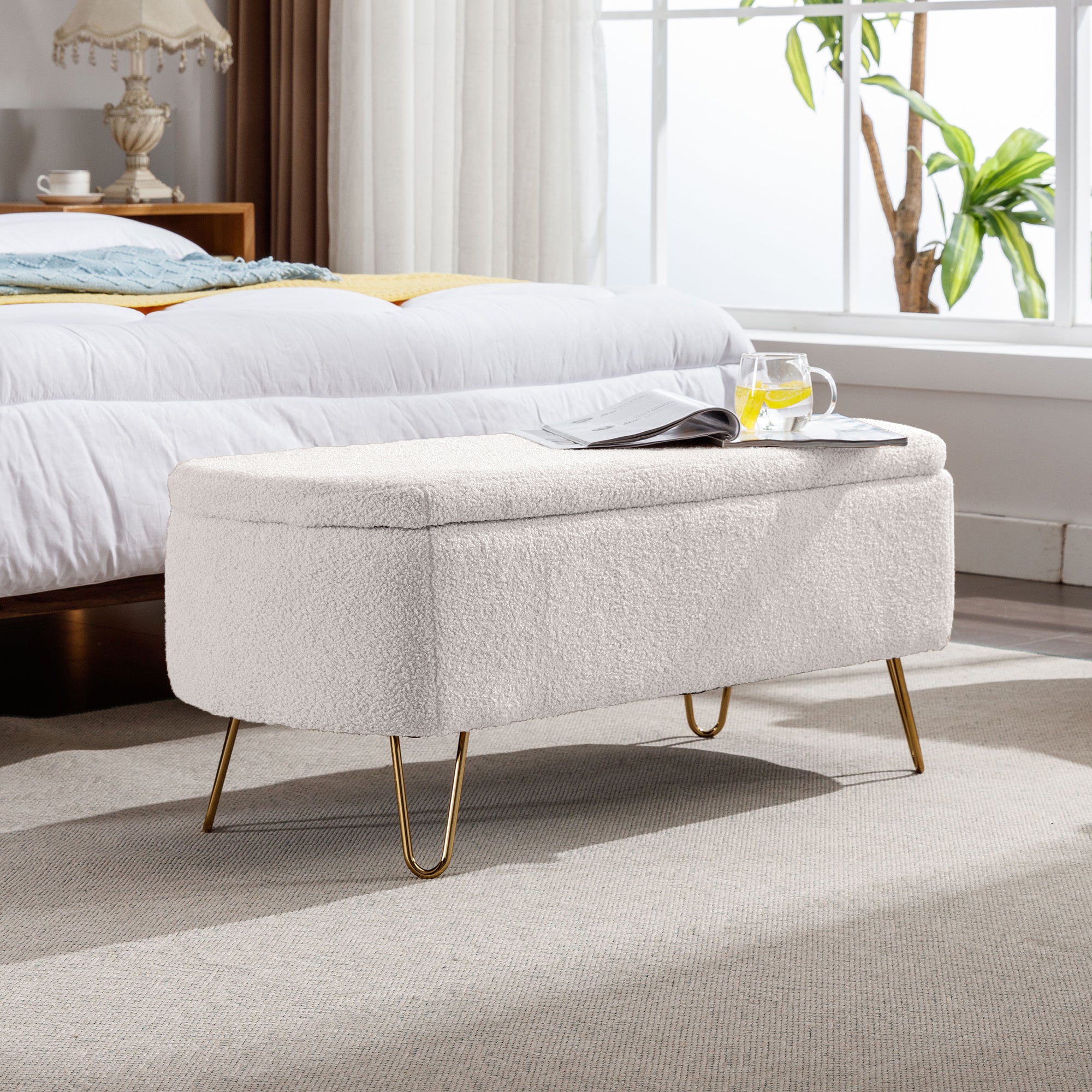 Ivory White Storage Ottoman Bench for End of Bed Gold Legs, Modern Ivory White Faux Fur Entryway Bench Upholstered Padded with Storage for Living Room Bedroom - Grand Goldman Shop