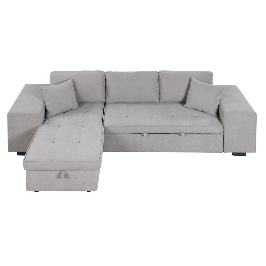 Modern Reversible L-Shape Pull Out Sleeper Sofa with Storage Chaise and Stools, Gray Linen, 104.5' - Grand Goldman Shop