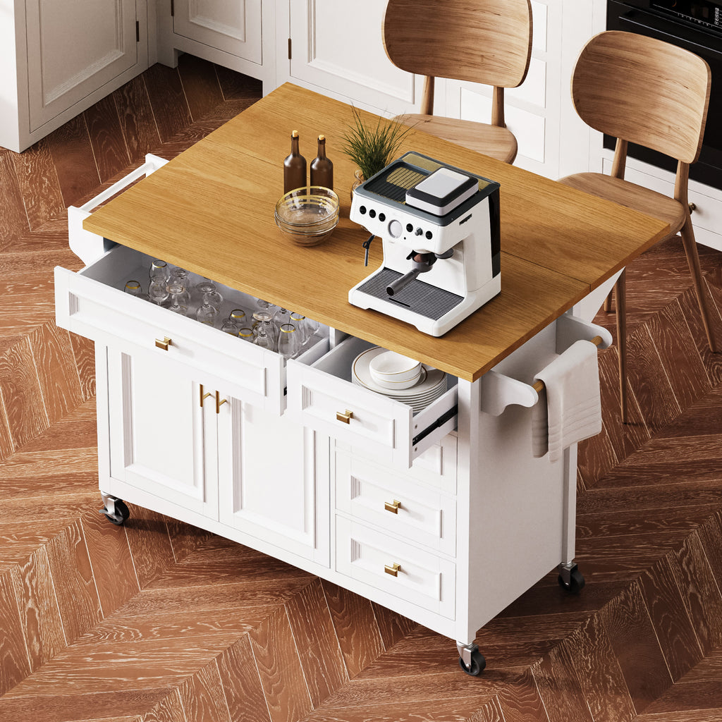 K&K 52'' Kitchen Island with Drop Leaf, Embossed Texture Kitchen Island on Wheels with Spice Rack, Towel Rack, 2 Doors and 5 Drawers, Kitchen Storage Cart with Adjustable Shelf for Kitchen, White - Grand Goldman Shop