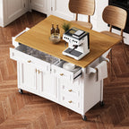 K&K 52'' Kitchen Island with Drop Leaf, Embossed Texture Kitchen Island on Wheels with Spice Rack, Towel Rack, 2 Doors and 5 Drawers, Kitchen Storage Cart with Adjustable Shelf for Kitchen, White - Grand Goldman Shop