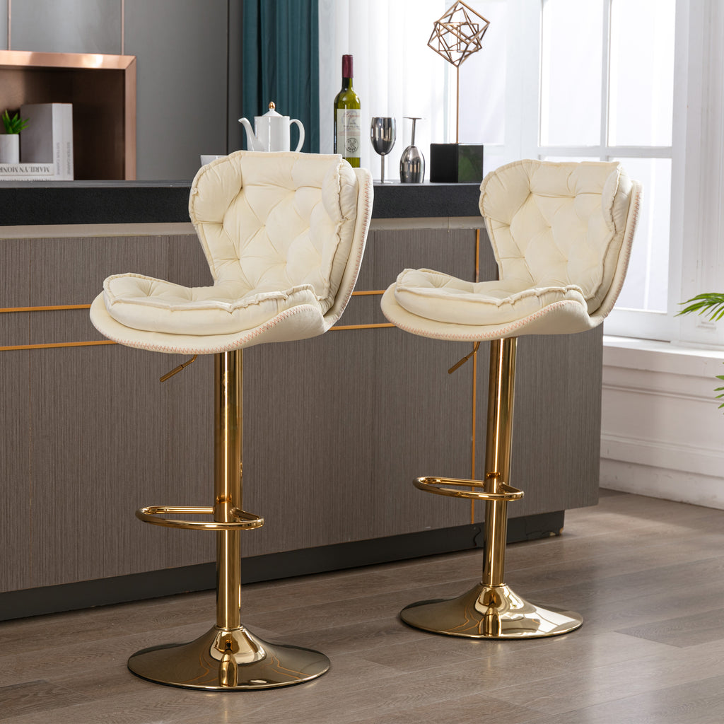 Set of 2  Bar Stools,with Chrome Footrest and Base Swivel Height Adjustable Mechanical Lifting Velvet + Golden Leg Simple Bar Stool-cream - Grand Goldman Shop