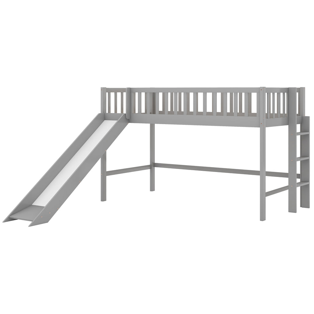 Twin Size Low Loft Bed with Ladder and Slide, Gray(OLD SKU:WF196418AAE) - Grand Goldman Shop