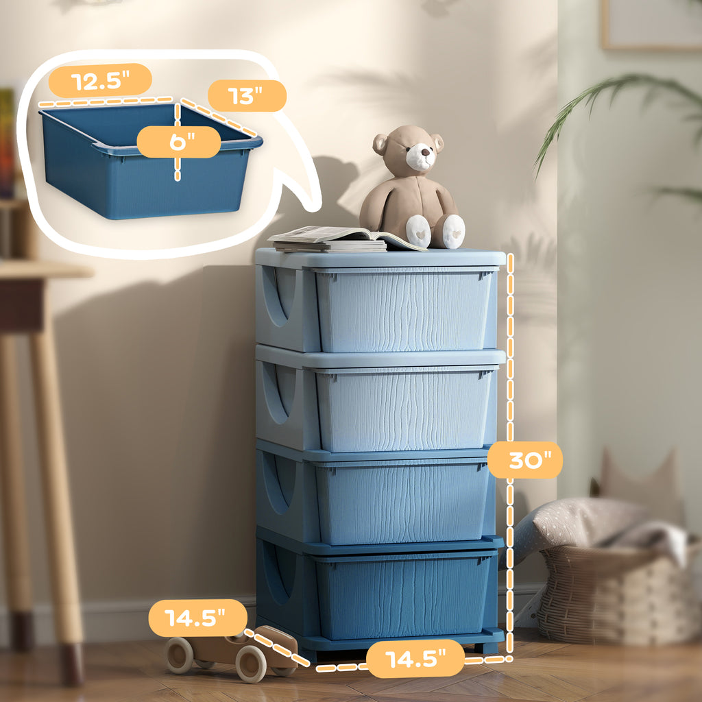 Qaba 4 Tier Kids Storage Unit, 4 Drawer Chest Toy Organizer Plastic Bins for Kids Bedroom Nursery Kindergarten Living Room fo