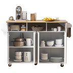 K&K 55.5' Fluted Kitchen Island with 2 Drop Leaf, Kitchen Storage Cart with Power Outlet, 4 Doors, Spice rack, Rolling Island Table with Wood-grain Top, Curved Edge for Kitchen, Dining Room,White - Grand Goldman Shop