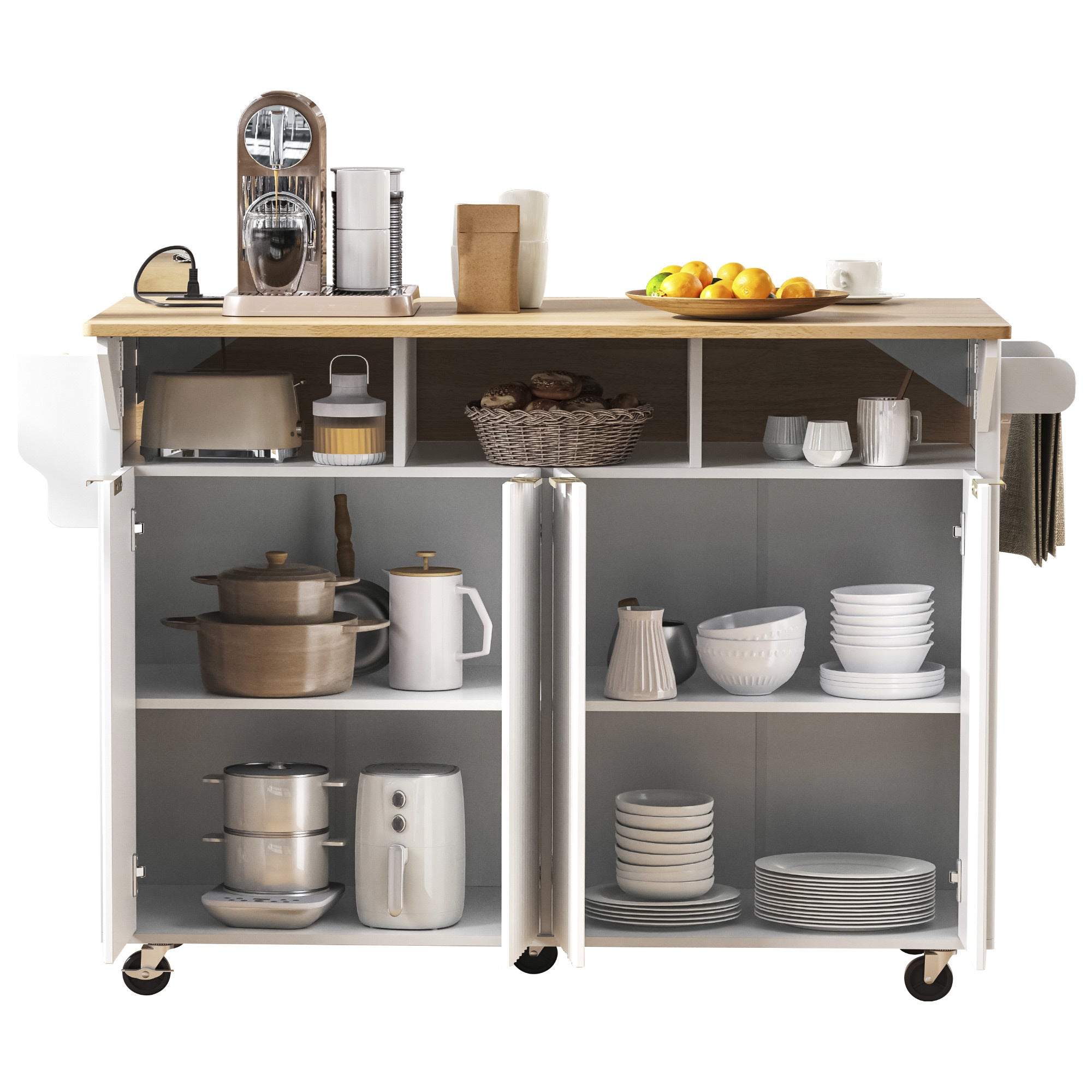 K&K 55.5' Fluted Kitchen Island with 2 Drop Leaf, Kitchen Storage Cart with Power Outlet, 4 Doors, Spice rack, Rolling Island Table with Wood-grain Top, Curved Edge for Kitchen, Dining Room,White - Grand Goldman Shop