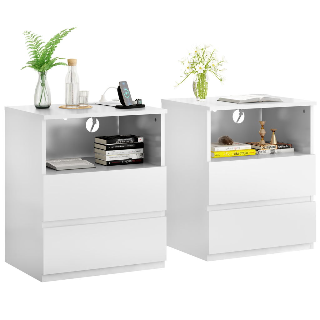 (Set of 2)End Table with Fast USB C Charging Station, Sofa Side Table with 2 Drawers, Large Storage Modern Wood Storage Cabinet for Living Room,Bedroom,Office, White - Grand Goldman Shop