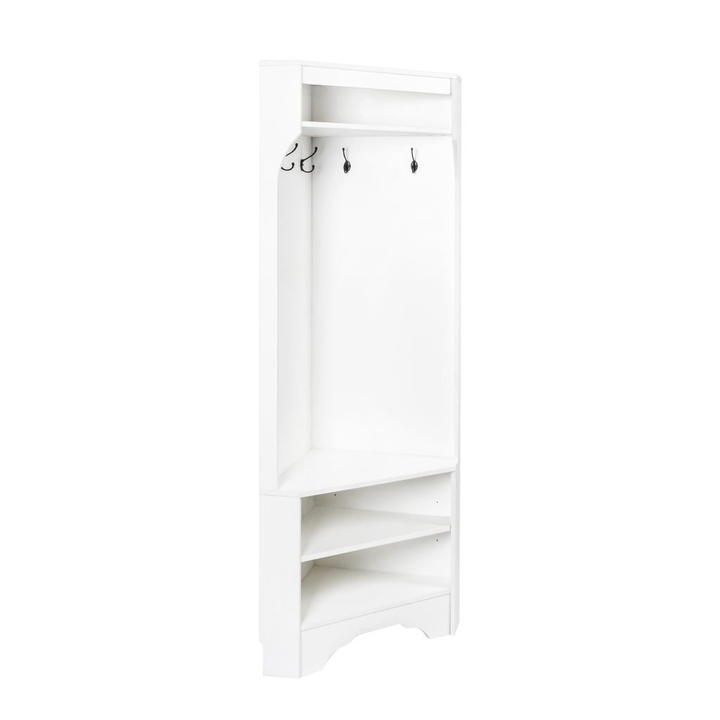 Minimalist Corner Hall Tree with Shoe Bench, Versatile Entryway Coat Rack with 4 Hooks, Corner Cabinet with Adjustable Shelf for Hallway, Living Room, White, 29.5''W*71.6''H (OLD SKU: N721P189665K) - Grand Goldman Shop