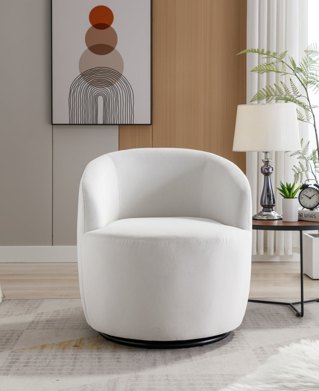 Velvet Fabric Swivel Accent Armchair Barrel Chair With Black Powder Coating Metal Ring,White - Grand Goldman Shop