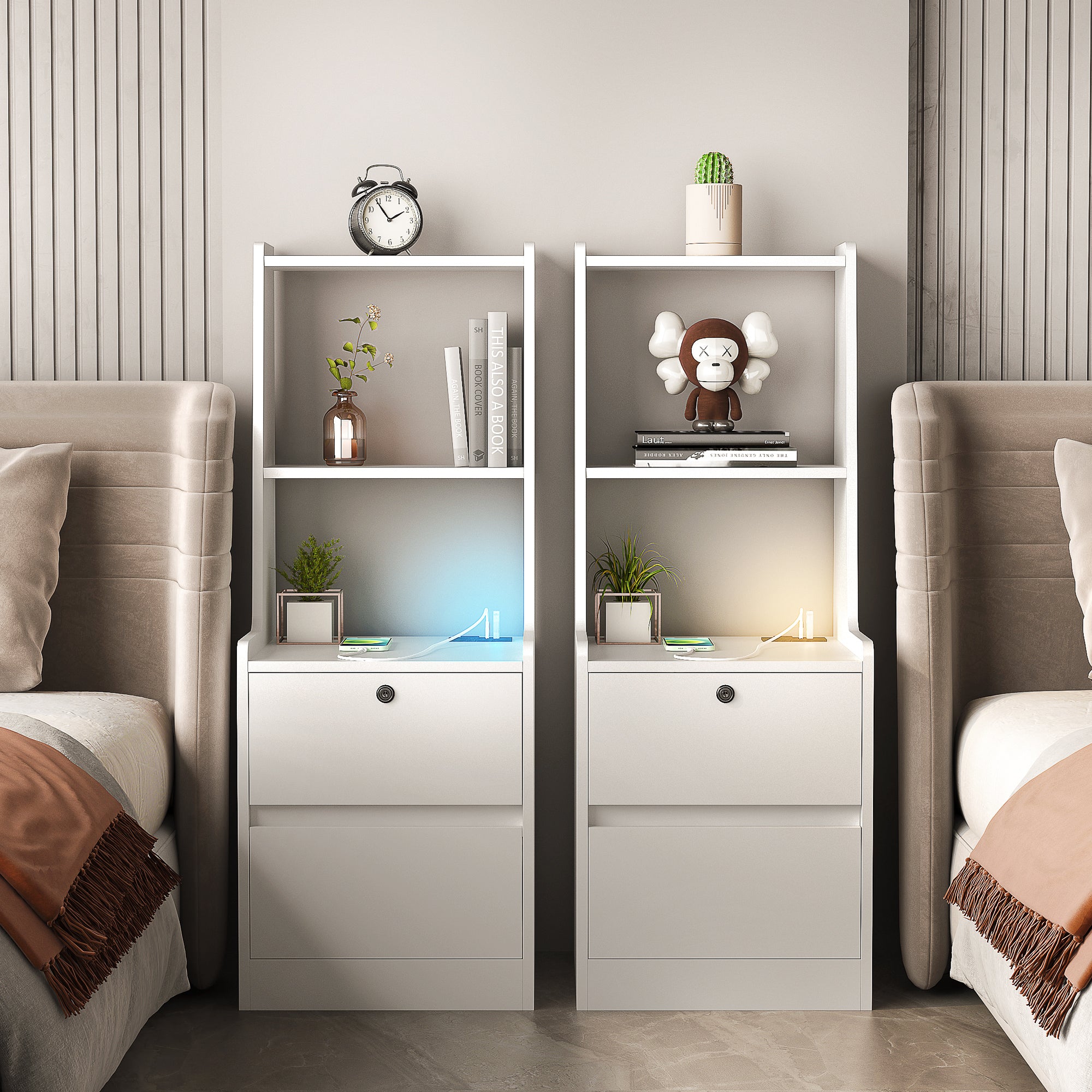 Nightstands Set of 2, with Charging Station, Smart Nightstand with Night Light, Modern Night Stand with Bookshelf, Bedside Tables with Storage Cabinet for Bedroom,White - Grand Goldman Shop