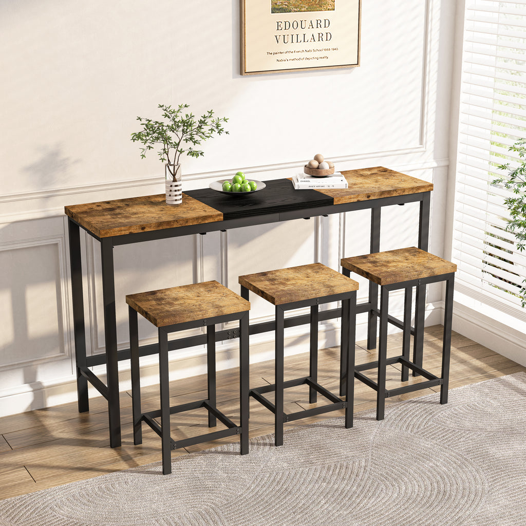 Modern Design Kitchen Dining Table, Pub Table, Long Dining Table Set with 3 Stools, Convenient Hanging Stool Design, Natural+Black,(Same SKU:W757P146463) - Grand Goldman Shop