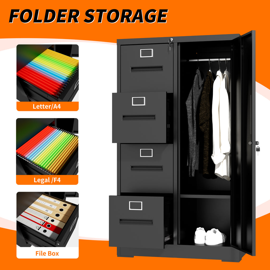 Metal Storage Vertical Filing Cabinet with Lock, Steel File Locker with 4 Drawers and 1 door for School, Living Room, Bedroom