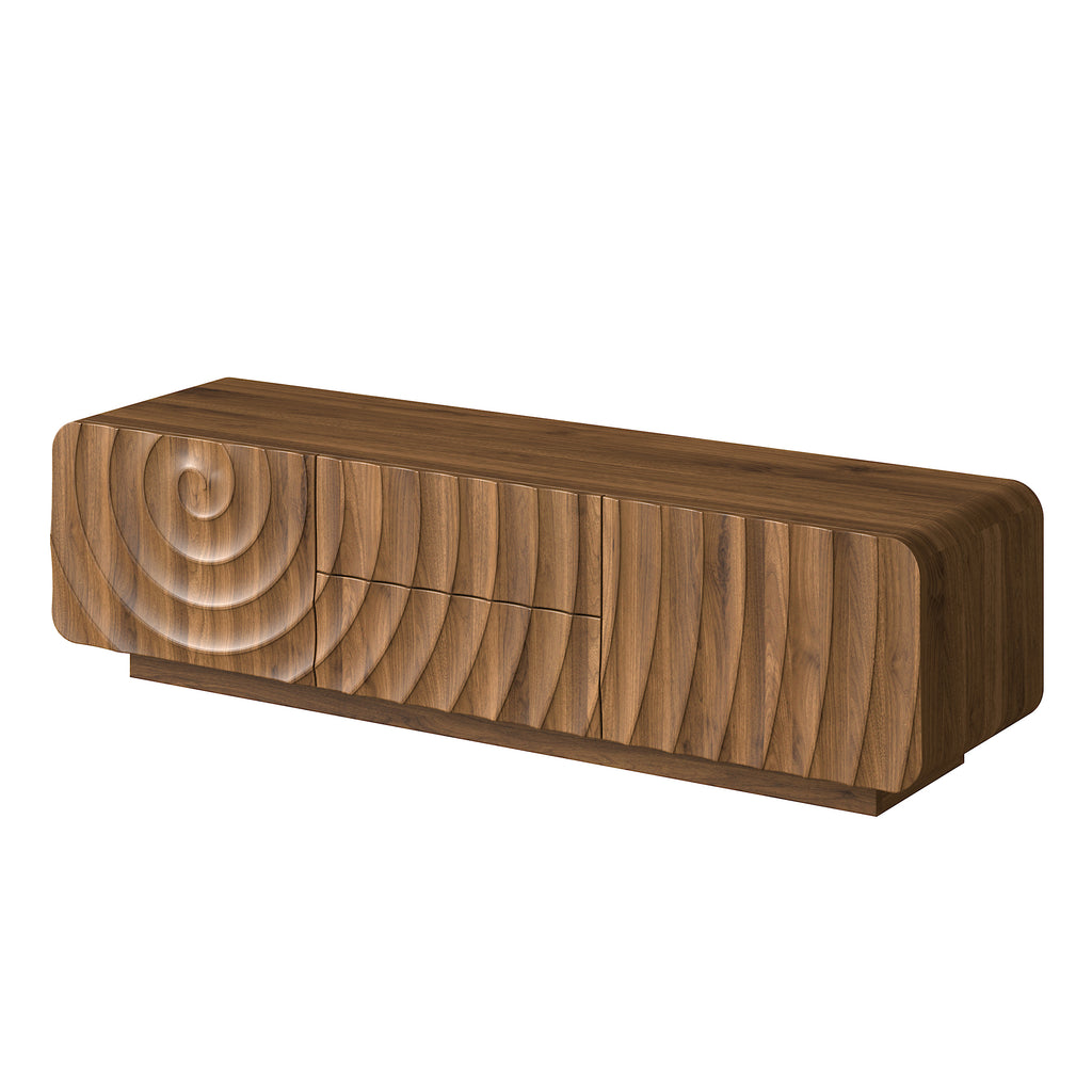 58''Tv Console With Mid Century Unique Spiral Wave Design With Storage Cabinet And 2 Drawers Tv Stand For Living Room, Bedroom, Walnut - Grand Goldman Shop