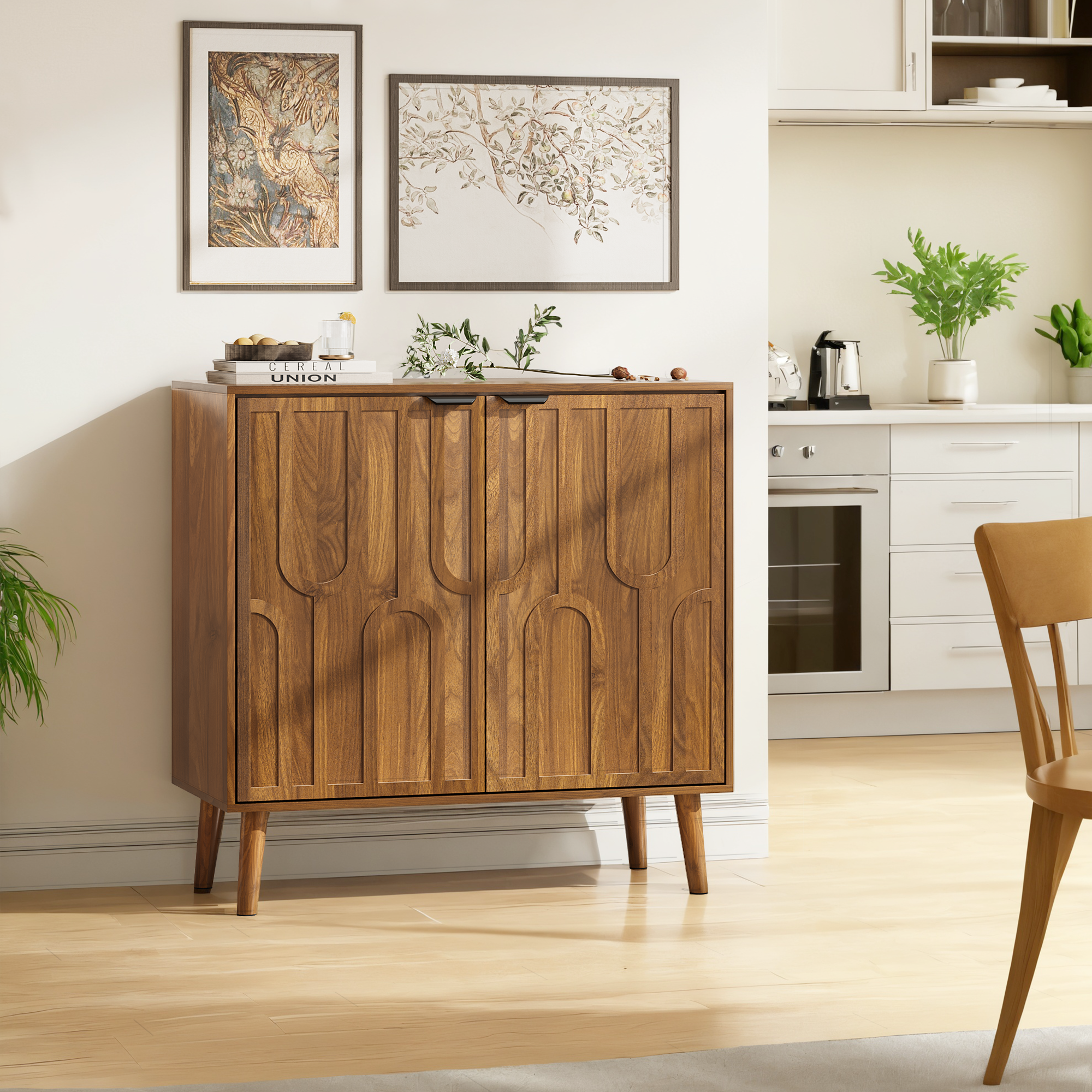Farmhouse Style Sideboard Buffet Cabinet with Storage, Walnut Wood Coffee Bar Cabinet, 31.5' W - Grand Goldman Shop