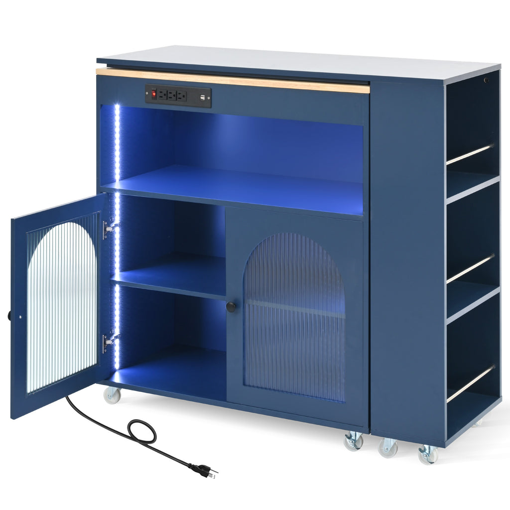 K&K Rolling Kitchen Island With Extended Table, Kitchen Island on Wheels with LED Lights,Power Outlets and 2 Fluted Glass Doors, Kitchen Island with a Storage Compartment and Side 3 Open Shelves, Navy - Grand Goldman Shop