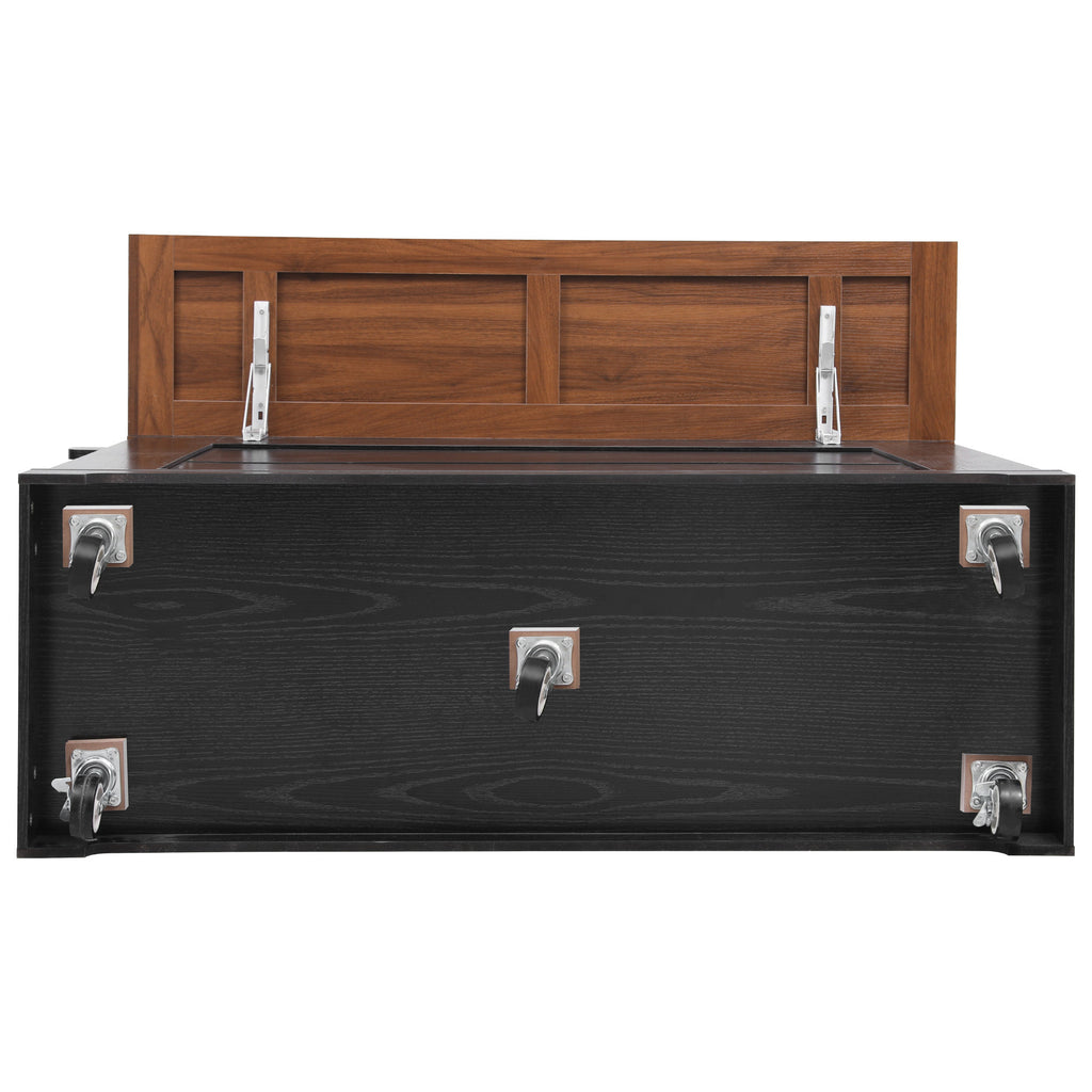 K&K 53'' Farmhouse Kitchen Island with Two Tempered Glass Cabinet Doors, Power Outlet, Rolling Kitchen Cart on Wheels with Drop Leaf, 5 Open Side Racks, 3 Drawers, for Kitchen, Dining Room, Black - Grand Goldman Shop
