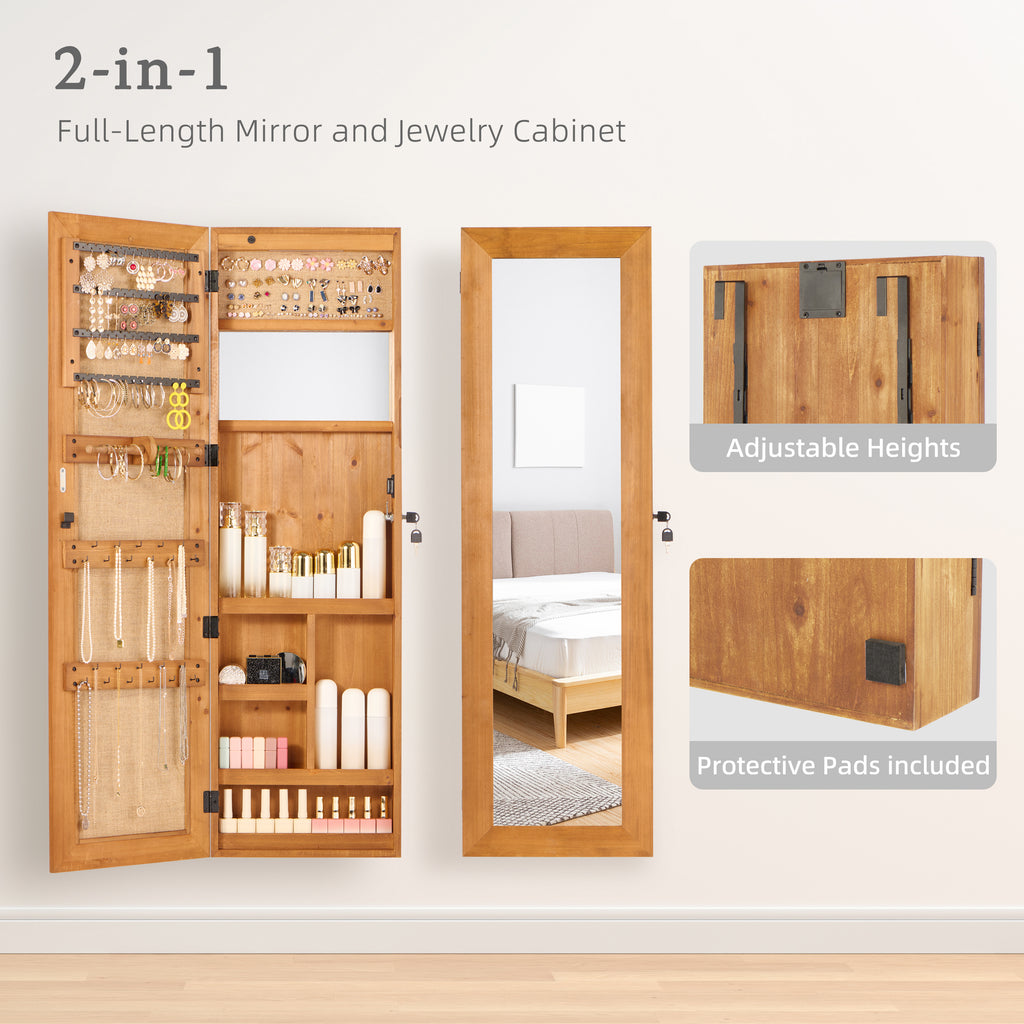 Solid Wood Jewelry Armoire Organizer Cabinet with Full-Length Mirror, Light Brown, 47.5x14.3 in Wall-Mounted Lockable with LED Light - Grand Goldman Shop