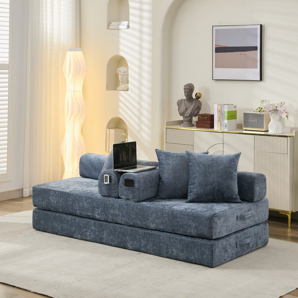 Comfy Convertible Folding Mattress Couch, Floor Sofa Bed, Chenille Floor Sofa with Armrest, Floor Sofa Lounge Couch for Living Room Bedroom Lounge Studio-Blue - Grand Goldman Shop