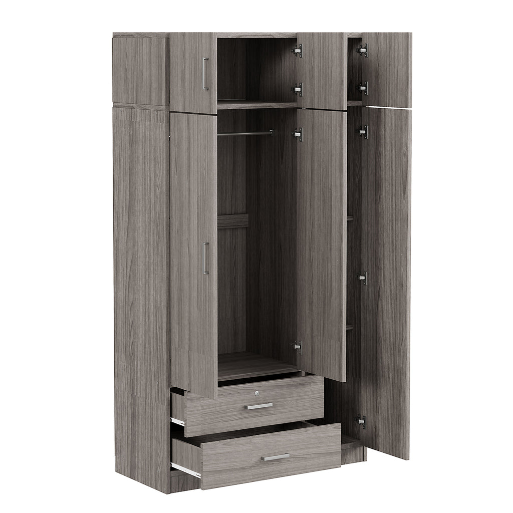 Modern Gray 3-Door Mirror Wardrobe with 2 Drawers and Top Cabinet, Particle Board - Grand Goldman Shop